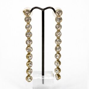 Heidi Daus Long Linear Drop Earrings Gold Tone Clear Rhinestones  3.4”